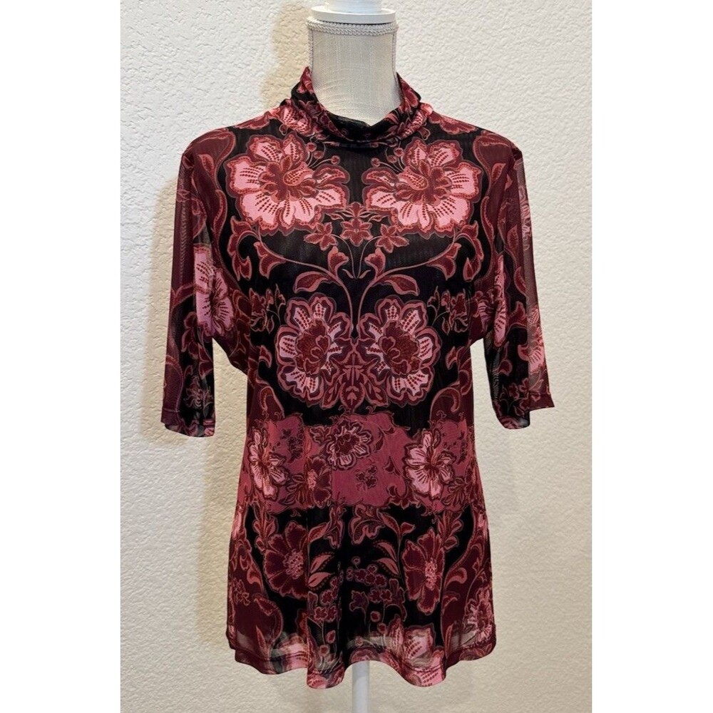 JOHNNY WAS Floral Print Mesh Knit Mock Neck Elbow Sleeve Top. Size XS , S - Picture 2 of 7